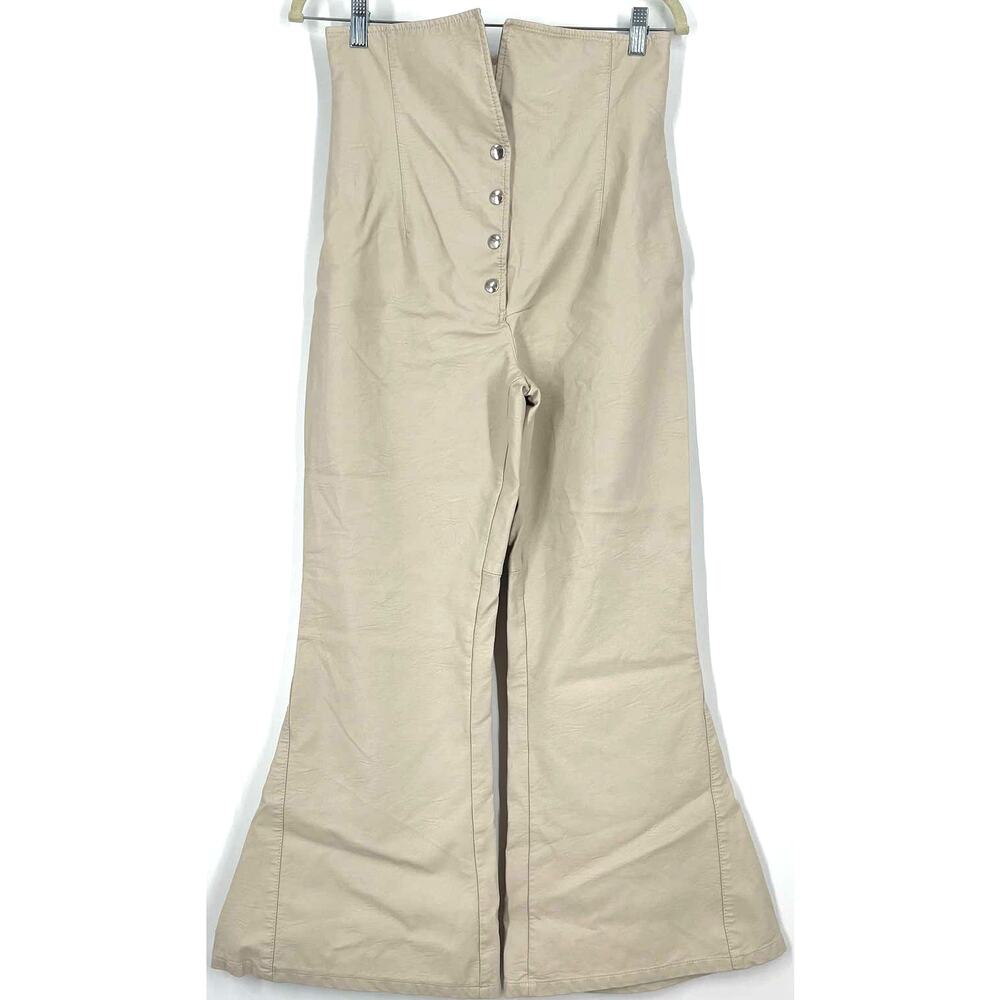 Sara Battaglia High Waist Faux Leather Pants Cream Wide Leg IT Size 42
